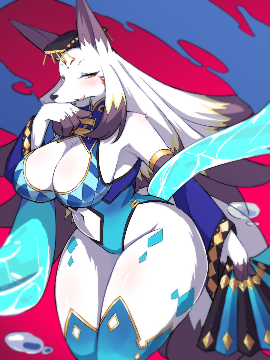3:4 anthro big_breasts breasts canid canine cleavage clothed clothing daji_(full_bokko_heroes) female full_bokko_heroes_x fullbokko_heroes fur hi_res kemono mammal plantigrade solo takeshi_kemo white_body white_fur wide_hips