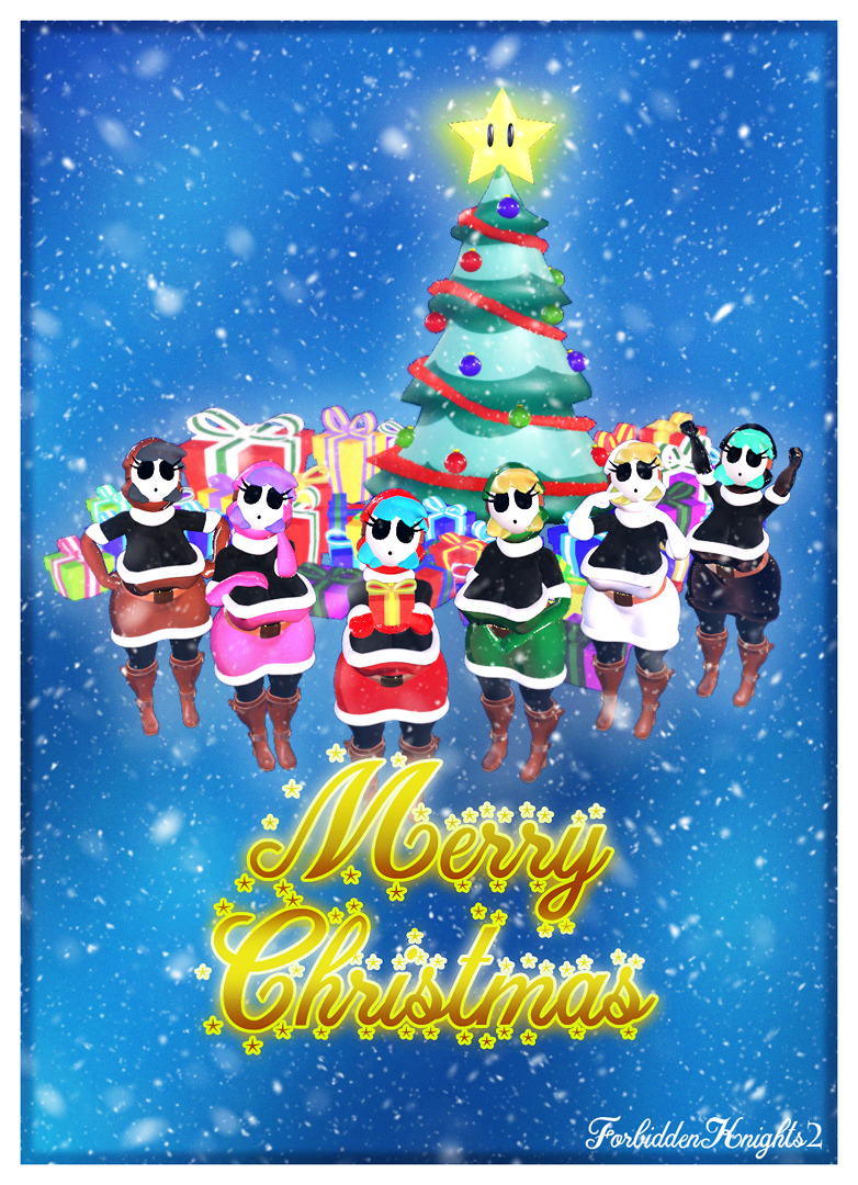 3d_(artwork) beady_eyes belt belt_buckle big_breasts black_body black_hair blender_(software) blonde_hair blue_hair boots border breasts card christmas christmas_clothing christmas_decorations christmas_headwear christmas_ornament christmas_tree cleavage clothed clothing costume digital_media_(artwork) female footwear forbiddenknights2 group hair hand_on_breast hand_on_chest hand_on_head hand_on_hip hand_on_stomach hat headgear headwear holidays huge_breasts humanoid mario_bros mask nintendo plant purple_hair santa_costume santa_gal santa_hat santa_suit short_stack shy shyguy snow snowing star tight_clothing tree video_games white_border wide_hips