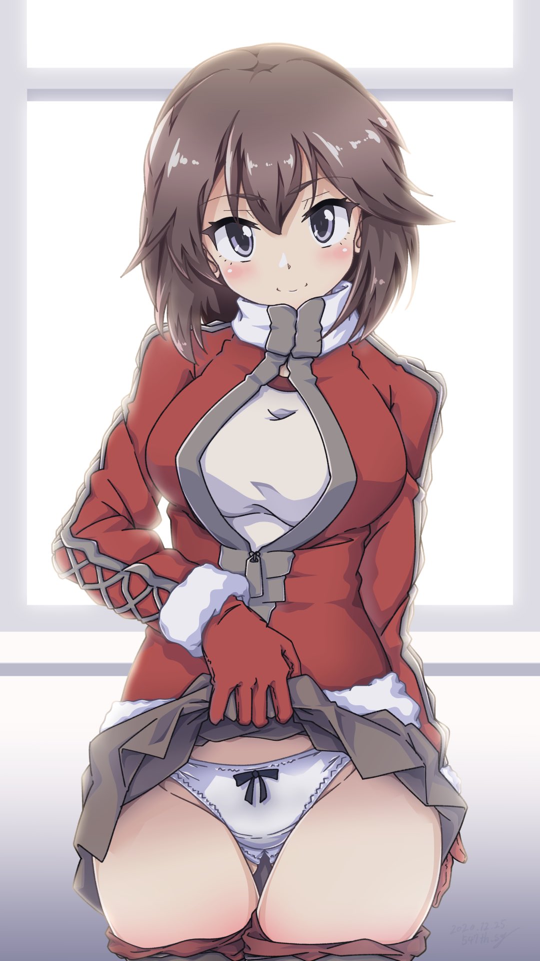 1girl 547th_sy alternate_costume bangs blush breasts brown_hair christmas eyebrows_visible_through_hair fur_trim gloves hair_between_eyes hayasui_(kantai_collection) highres jacket kantai_collection large_breasts lifted_by_self long_sleeves panties purple_eyes red_gloves santa_costume short_hair skirt skirt_lift smile solo underwear white_panties