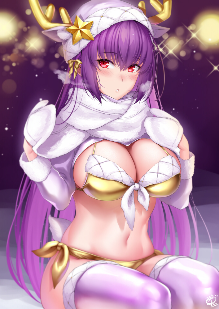 1girl :o antlers bikini blush breasts breath cleavage fake_antlers fate/grand_order fate_(series) fur_trim gold_bikini hat large_breasts lights long_sleeves looking_at_viewer mittens navel night okitakung outdoors purple_hair red_eyes scathach_(fate)_(all) scathach_skadi_(fate/grand_order) shawl sitting snow solo swimsuit thighhighs