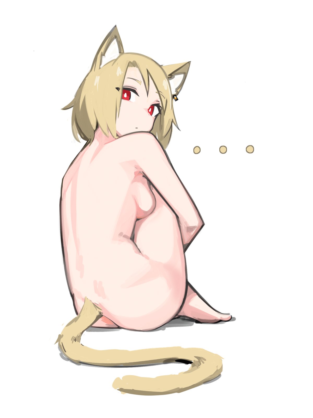 ... 1girl animal_ears blonde_hair breasts cat_ears cat_tail commentary deel_(rkeg) eyebrows_visible_through_hair facing_away highres knees_to_chest lisa_(deel) looking_at_viewer looking_back medium_breasts nude original red_eyes short_hair simple_background sitting solo tail white_background