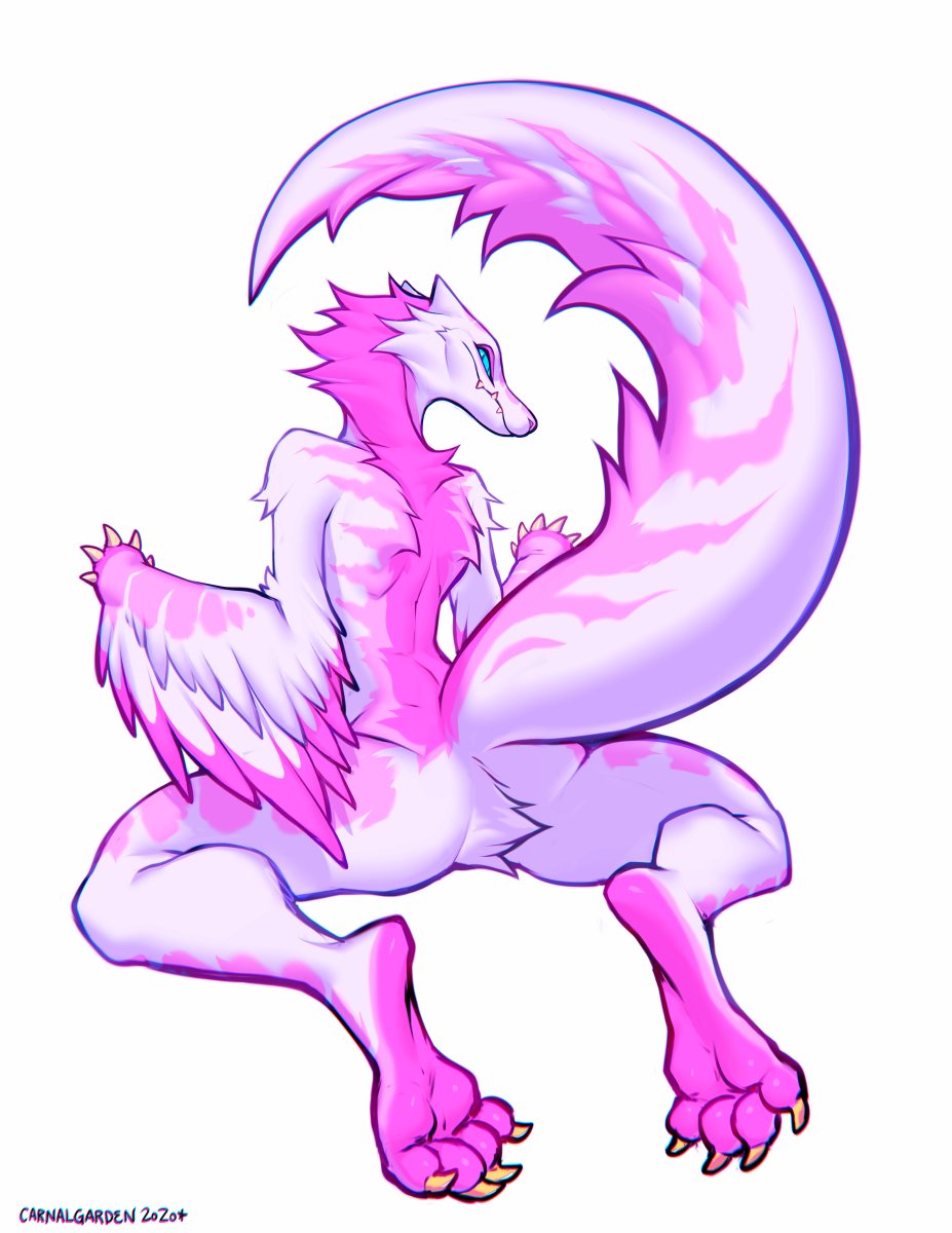 2020 ambiguous_gender anthro butt claws dinosaur falvie feathered_dinosaur feathers fur hi_res looking_at_viewer looking_back looking_back_at_viewer nude pink_body pink_fur rear_view reptile scalie simple_background solo toe_claws white_background white_body white_fur