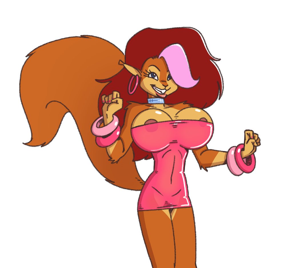 anthro big_breasts bracelet breast_implants breasts clothing dress ear_piercing ear_ring female hair huge_breasts jewelry mammal piercing rodent sciurid solo teer