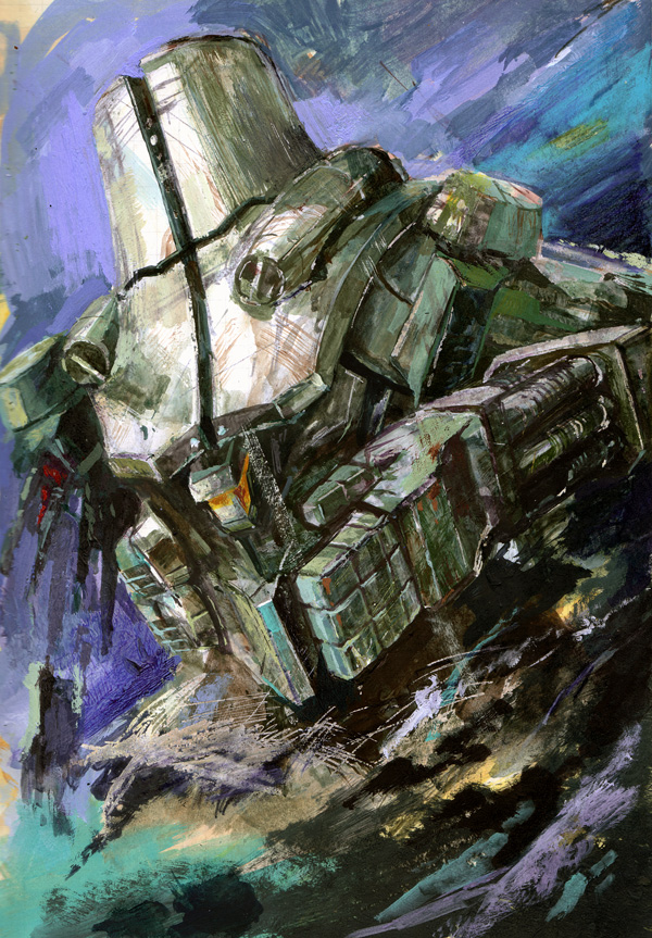 cherno_alpha colored_pencil_(medium) damaged english_commentary marble-v mecha missing_limb no_humans open_hand pacific_rim science_fiction sky solo traditional_media