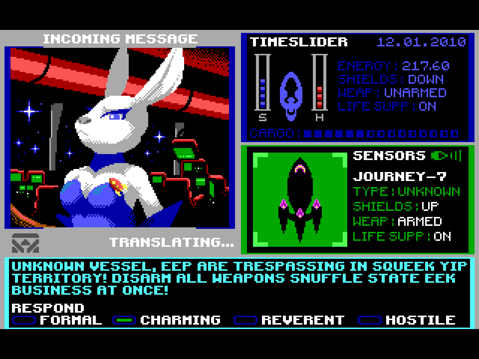 4:3 angry animated anthro blue_clothing blue_eyes breasts cleavage clothed clothing computer dated female fur lagomorph leporid looking_at_viewer mammal nose_twitch rabbit scifer short_playtime solo spacecraft sparkles star text text_box vehicle white_body white_fur