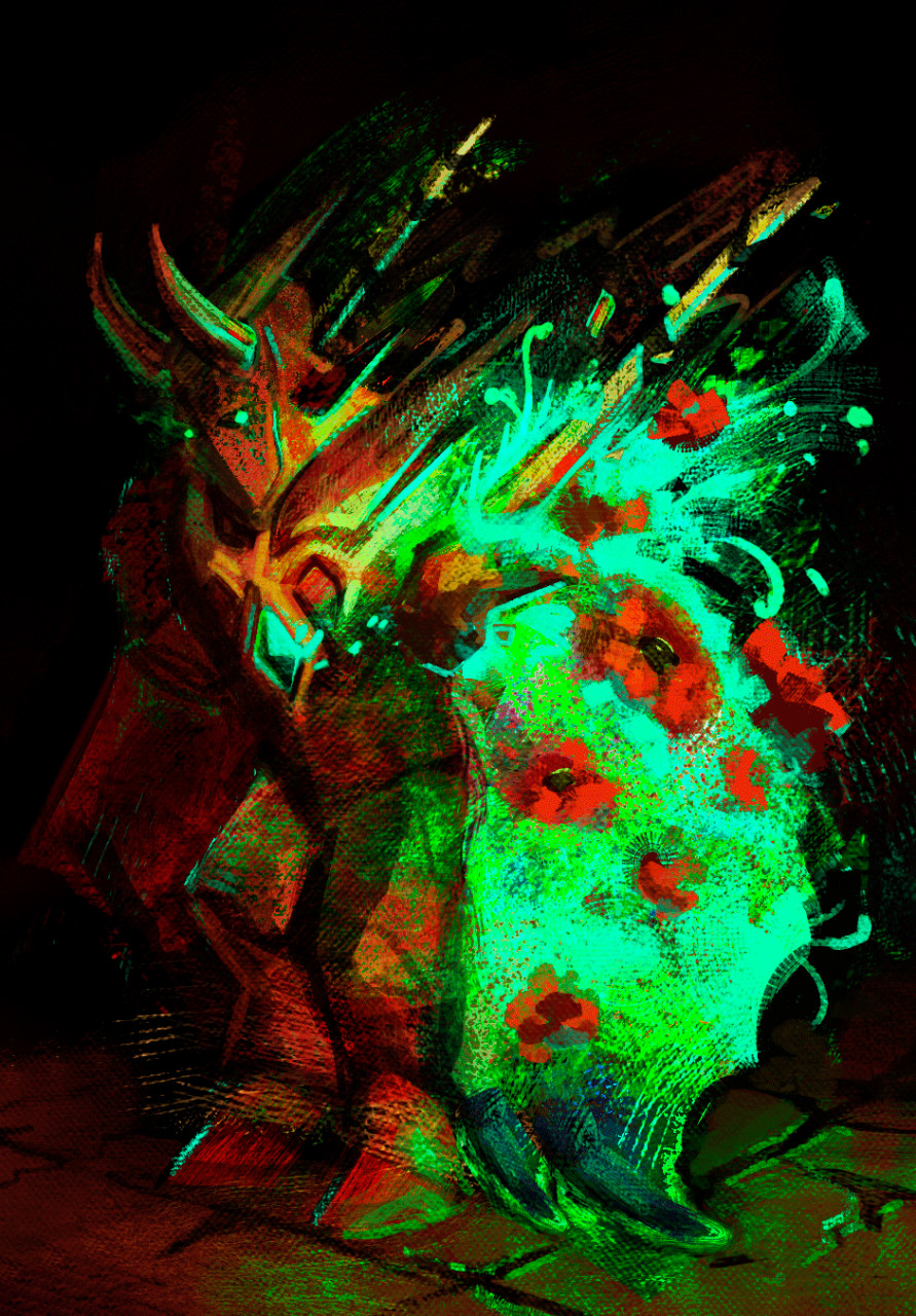 anthro armor bestiality clothed clothing colored crystal dangeon destruction digital_drawing_(artwork) digital_media_(artwork) digital_painting_(artwork) feral flower full-length_portrait glowing glowing_eyes hi_res horn jewish_mythology looking_at_viewer magic male melee_weapon metall mythological_golem mythology painting plant poppy portrait rizonik shaded simple_background solo sparkles weapon