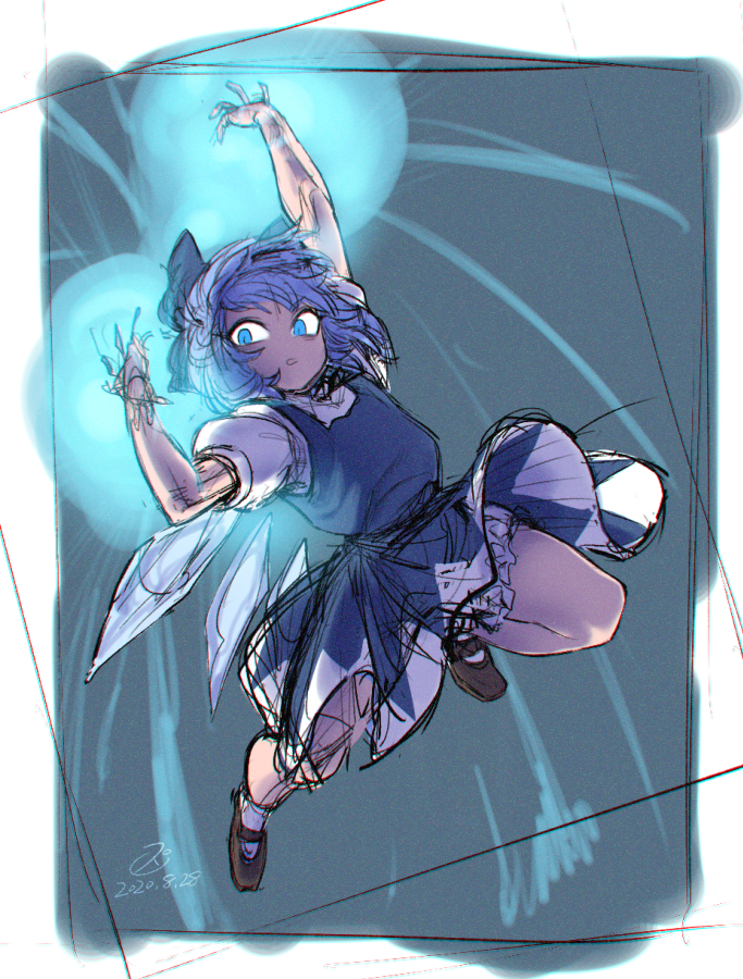 1girl arm_up black_bow blue_dress blue_eyes blue_hair bow brown_footwear cirno dated dress energy_ball flat_chest flying full_body hair_bow ice ice_wings mary_janes petticoat powering_up puffy_short_sleeves puffy_sleeves shoes short_hair short_sleeves signature sketch socks solo space_jin touhou white_buruma white_legwear wings