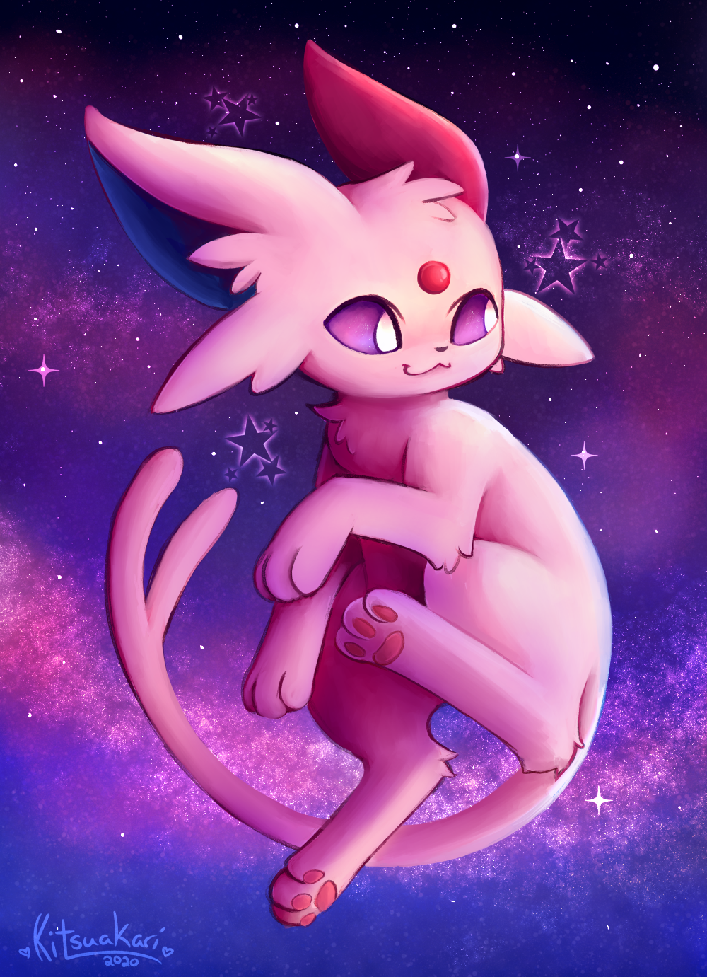 2020 3_fingers 3_toes ambiguous_gender cheek_tuft cosmic_background cosmos digitigrade eeveelution espeon facial_tuft feral fingers forked_tail fur galaxy head_tuft hi_res inner_ear_fluff kitsuakari nintendo pawpads pink_body pink_fur pink_pawpads pok&eacute;mon pok&eacute;mon_(species) purple_sclera quadruped shaded signature sky smile solo space spacescape star starry_sky toes tuft video_games