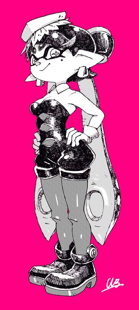 +_+ 1girl aori_(splatoon) bare_shoulders black_footwear breasts cleavage detached_collar domino_mask earrings food food_on_head greyscale hands_on_hips jewelry long_hair mask medium_breasts mole mole_under_eye monochrome object_on_head pink_background pointy_ears shoes short_jumpsuit signature solo splatoon_(series) tentacle_hair twintails very_long_hair yuta_agc