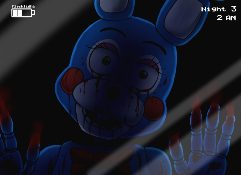 2015 ambiguous_gender animatronic anthro blood blue_body bodily_fluids bow_tie five_nights_at_freddy's five_nights_at_freddy's_2 freckles green_eyes ill825_(artist) lagomorph leaking leporid looking_at_viewer machine mammal multicolored_body nightmare_fuel on_glass open_mouth rabbit red_cheeks robot solo toy_bonnie_(fnaf) video_games what_has_science_done where_is_your_god_now