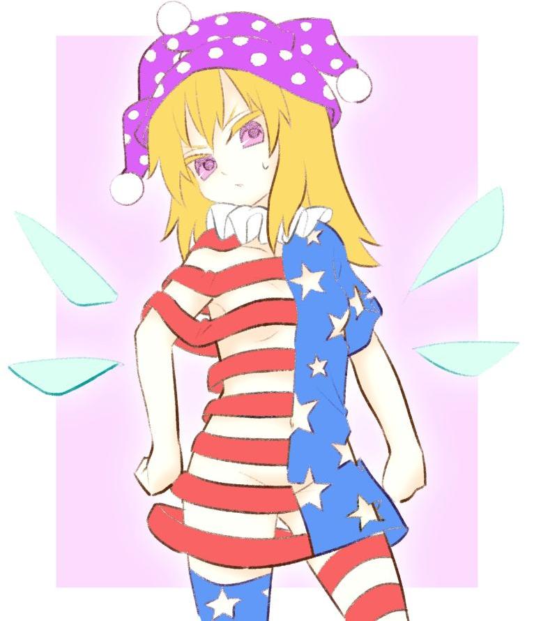 1girl 2girls american_flag_dress american_flag_legwear arms_at_sides blonde_hair blue_hair blue_wings clenched_hands clownpiece commentary_request dress fairy_wings flat_chest groin hat jester_cap karashi_chikuwa long_hair multiple_girls navel neck_ruff polka_dot purple_eyes purple_headwear see-through_dress short_sleeves solo stand star_(symbol) star_print striped striped_dress sweatdrop touhou wings