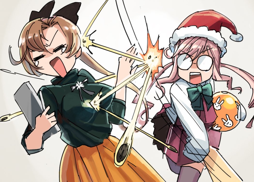 2girls akigumo_(kantai_collection) ball bow bowtie brown_hair closed_eyes commentary_request double_bun glasses green_sweater hair_ribbon halterneck kantai_collection long_hair long_sleeves makigumo_(kantai_collection) mizuki_kyou multiple_girls official_alternate_costume opaque_glasses pink_hair ponytail remodel_(kantai_collection) ribbon shirt sleeves_past_fingers sleeves_past_wrists sweater tears thighhighs throwing twintails white_shirt