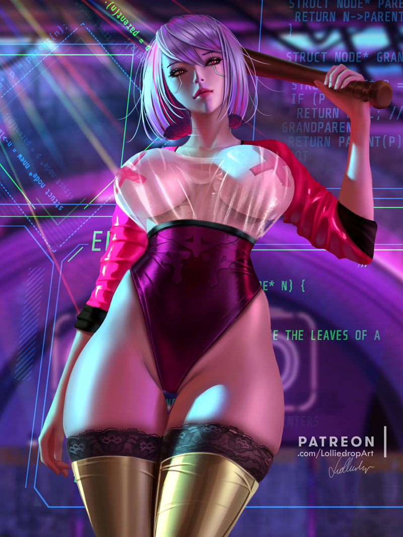 1girl adapted_costume alternate_costume arm_at_side artist_name bangs baseball_bat blunt_ends breasts collarbone commentary contrapposto covered_navel cowboy_shot cyberpunk_2077 english_commentary english_text highleg highleg_leotard holding holding_baseball_bat holographic_interface lace-trimmed_legwear lace_trim large_breasts leotard lips lolliedrop looking_away multicolored multicolored_clothes multicolored_hair nier_(series) nier_automata no_bra partially_visible_vulva pasties patreon_username pink_hair pink_leotard pink_sleeves purple_hair purple_leotard red_eyes reward_available see-through shiny shiny_clothes shiny_legwear short_hair signature skindentation sleeves_pushed_up solo standing streaked_hair taut_clothes taut_leotard thigh_gap thighhighs thighs watermark web_address x_pasties yellow_legwear yorha_no._2_type_b