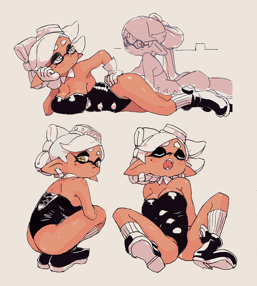 +_+ 1girl aori_(splatoon) bare_shoulders black_footwear black_leotard breasts cleavage closed_eyes domino_mask food food_on_head gloves hand_on_hip hotaru_(splatoon) leotard lying mask medium_breasts multiple_views object_on_head on_side open_mouth sitting solo_focus splatoon_(series) squatting white_gloves yellow_eyes yuta_agc