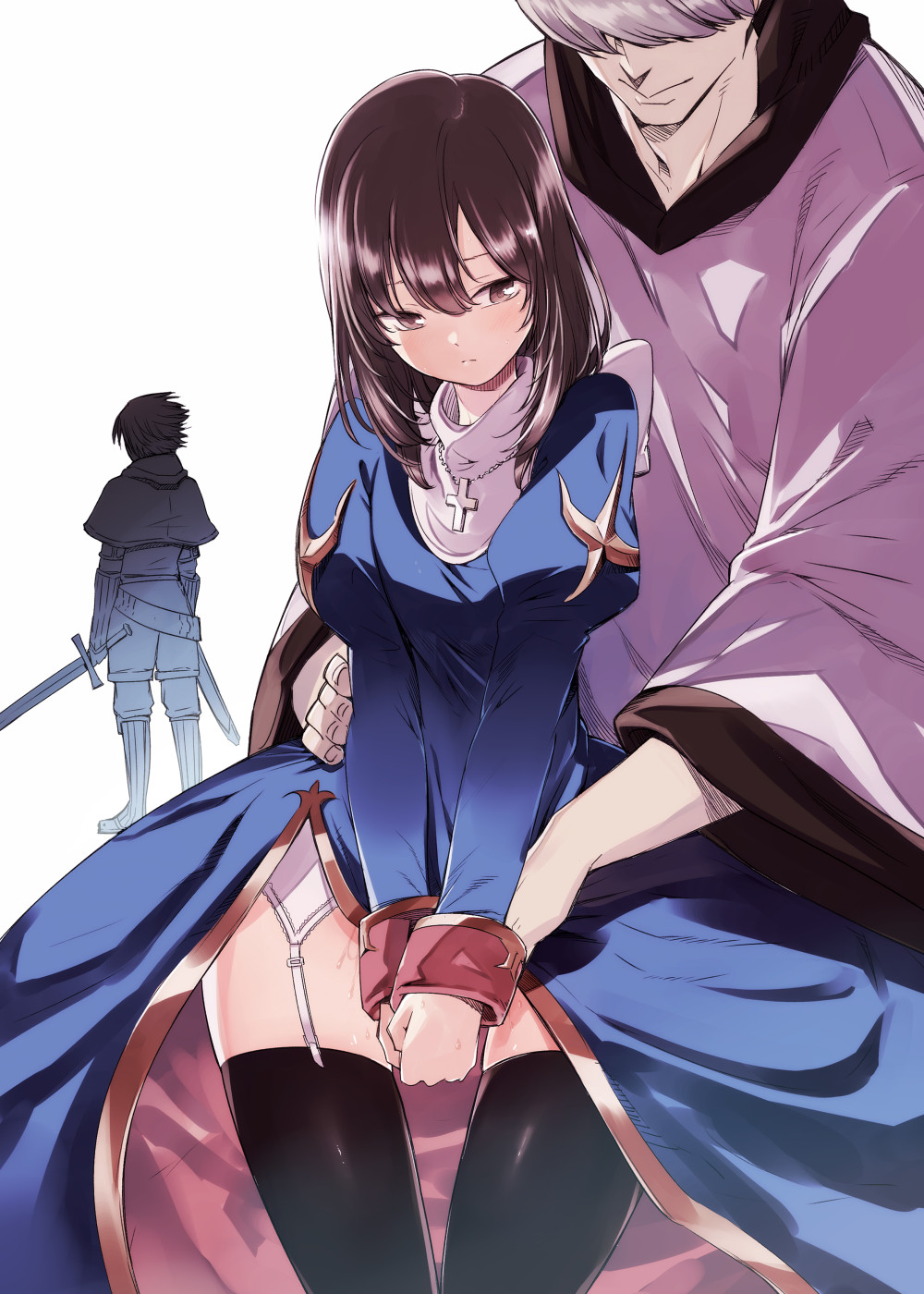 1girl 2boys bangs belt black_legwear blue_dress blush brown_eyes brown_hair capelet closed_mouth commentary_request cover cover_page cowboy_shot cross cross_necklace doujin_cover dress faceless faceless_male full_body garter_straps gauntlets habit hair_between_eyes hand_on_another's_hip highres holding holding_sword holding_weapon implied_fingering jewelry juliet_sleeves long_hair long_sleeves looking_at_another looking_to_the_side miya9 multiple_boys necklace pants priest_(ragnarok_online) puffy_sleeves pussy_juice ragnarok_online scabbard sheath short_hair simple_background standing sword swordsman_(ragnarok_online) thighhighs weapon white_background white_hair