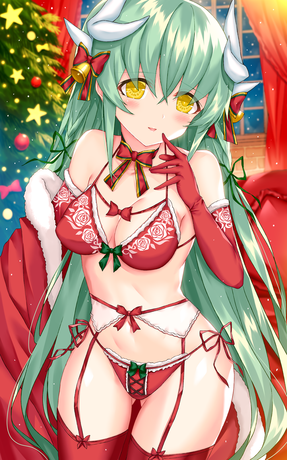 ass_visible_through_thighs bangs bare_shoulders bell blush bow bow_bra bra breasts christmas christmas_tree cleavage collarbone commentary_request eyebrows_visible_through_hair fate/grand_order fate_(series) finger_to_mouth garter_belt garter_straps green_hair green_ribbon hair_bell hair_ornament hair_ribbon head_tilt highres horns indoors jingle_bell kiyohime_(fate/grand_order) lingerie long_hair looking_at_viewer medium_breasts morizono_shiki navel neck_ribbon open_mouth panties red_bra red_legwear red_ribbon ribbon side-tie_panties sidelocks smile snow snowing stomach thigh_gap thighhighs underwear very_long_hair window yellow_eyes