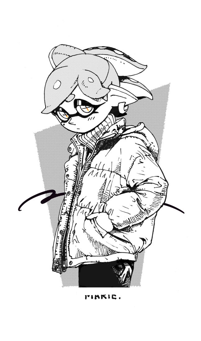 +_+ 1girl coat domino_mask earrings food food_on_head greyscale halftone hands_in_pockets hood hood_down hotaru_(splatoon) jewelry looking_at_viewer mask monochrome object_on_head pointy_ears solo splatoon_(series) spot_color tentacle_hair turtleneck upper_body yuta_agc