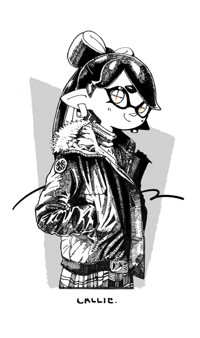 +_+ aori_(splatoon) character_name coat domino_mask earrings greyscale halftone hands_in_pockets jewelry long_hair looking_at_viewer mask mole mole_under_eye monochrome pointy_ears smile splatoon_(series) tentacle_hair yuta_agc