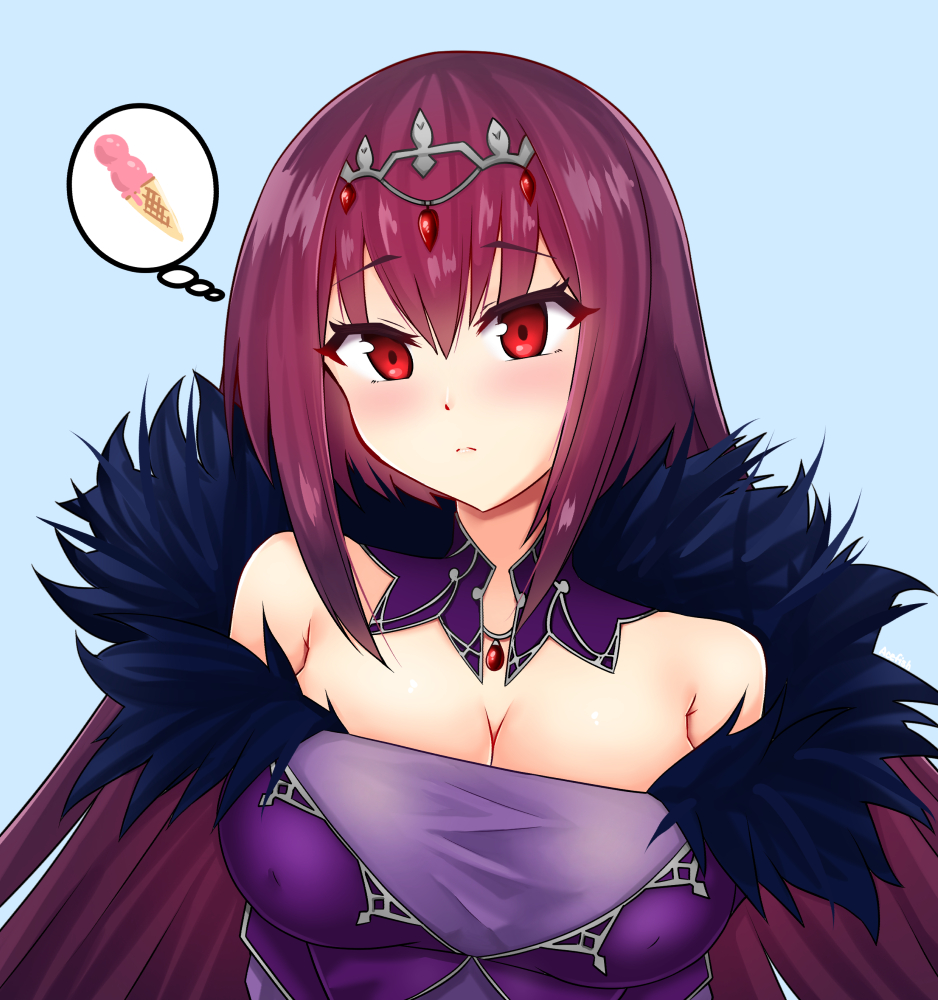 acefish breasts cleavage covered_nipples dress fate/grand_order fate_(series) feather_trim food fur-trimmed_dress fur_trim hair_between_eyes headpiece ice_cream ice_cream_cone large_breasts purple_dress purple_hair red_eyes scathach_(fate)_(all) scathach_skadi_(fate/grand_order) thinking tiara upper_body