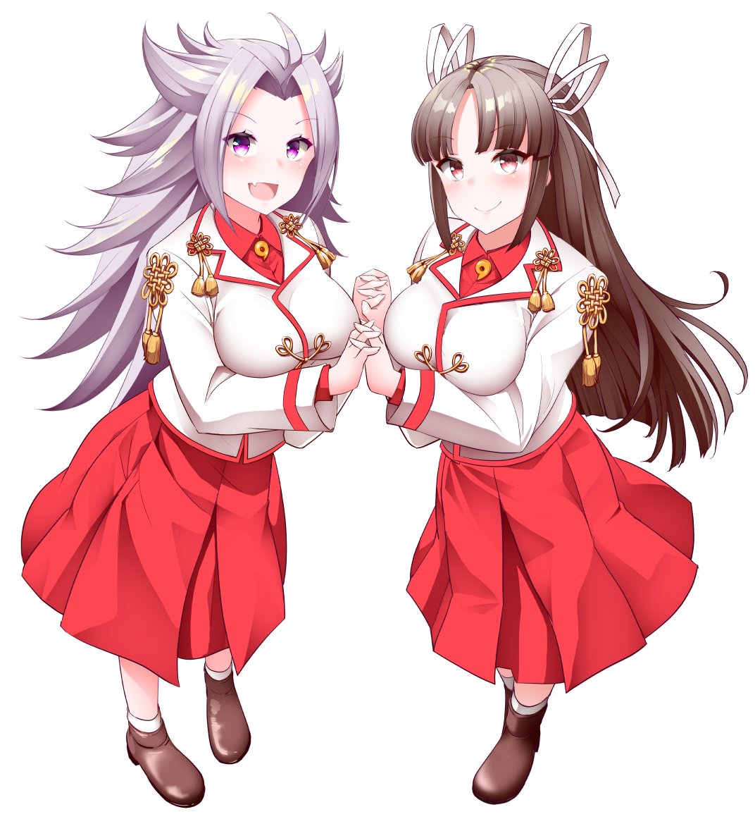 2girls black_hair brown_eyes dress_shirt full_body hair_ribbon hime_cut hiyou_(kantai_collection) holding_hands jun'you_(kantai_collection) kantai_collection kirigakure_(kirigakure_tantei_jimusho) long_hair looking_at_viewer magatama multiple_girls pleated_skirt purple_eyes purple_hair red_skirt ribbon shirt simple_background skirt smile spiked_hair standing white_background