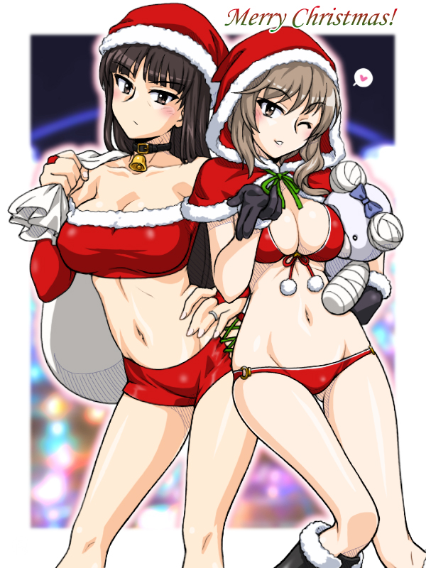 2girls bandages bangs bare_shoulders bell bell_choker bikini black_choker black_eyes black_footwear black_gloves black_hair blown_kiss blunt_bangs blurry blurry_background boko_(girls_und_panzer) boots breasts bridal_gauntlets brown_eyes brown_hair capelet choker christmas cleavage closed_mouth commentary_request contrapposto elbow_gloves english_text eyebrows_visible_through_hair front-tie_bikini front-tie_top frown fur-trimmed_capelet fur-trimmed_shirt fur_trim girls_und_panzer girls_und_panzer_senshadou_daisakusen! gloves hand_on_hip hat heart holding holding_sack holding_stuffed_toy hood hood_up hooded_capelet jewelry lace-up large_breasts long_sleeves looking_at_viewer mature merry_christmas micro_shorts multiple_girls navel nishizumi_shiho o-ring o-ring_bikini official_alternate_costume one_eye_closed oosaka_kanagawa outside_border over_shoulder parted_lips partial_commentary red_bikini red_capelet red_gloves red_headwear red_shirt red_shorts ring sack santa_bikini santa_boots santa_costume santa_gloves santa_hat shimada_chiyo shirt shorts side-by-side smile spoken_heart standing standing_on_one_leg straight_hair strapless stuffed_animal stuffed_toy swimsuit teddy_bear thigh_gap tubetop wedding_band