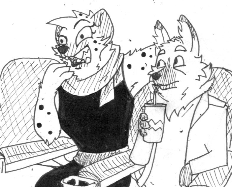 2016 3_fingers aafiya_khalil_(spiff) alexander_awodous_(spiff) ambiguous_gender anthro arm_tuft bendy_straw beverage black_and_white black_clothing black_dress black_nose breasts canid canine cheek_tuft clothed clothing cup_holder dipstick_ears dress drinking_straw elbow_tufts eyebrows eyelashes facial_tuft fan_character female female_(lore) finger_claws fingerclaws fingers fur hyaenid inner_ear_fluff jacket larger_female laugh looking_at_another male mammal maned_wolf monochrome movie_theater multicolored_ears neck_tuft open_clothing open_jacket open_outerwear open_topwear pattern_clothing pattern_scarf raised_eyebrows scarf scruffy sharp_teeth shirt shoulder_tuft simple_background sitting size_difference sleeveless_dress small_breasts smaller_male soft_drink solo spiff spots spotted_body spotted_fur spotted_hyena straw striped_clothing striped_scarf stripes teeth topwear traditional_media_(artwork) tuft white_background white_clothing white_jacket white_shirt white_topwear