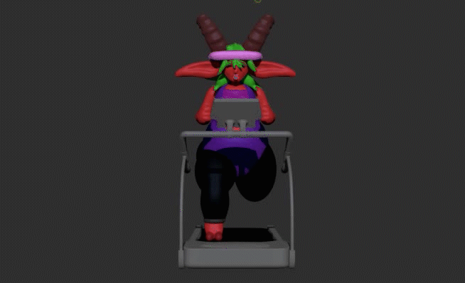 2_horns animated demon female green_hair hair horn humanoid overweight overweight_female overweight_humanoid red_body red_skin short_playtime sk8th solo sweatband treadmill unfinished