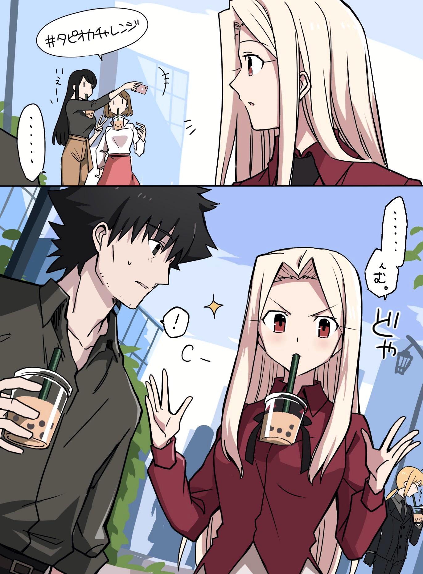 ! 1boy 4girls artoria_pendragon_(all) black_eyes black_gloves black_hair black_jacket black_shirt blonde_hair bubble_tea cup disposable_cup emiya_kiritsugu fate/zero fate_(series) gloves highres irisviel_von_einzbern jacket long_hair long_sleeves looking_at_viewer multiple_girls outdoors ponytail red_eyes red_jacket saber shirt shirt_tucked_in sparkle spoken_exclamation_mark translation_request white_hair yuuma_(u-ma)