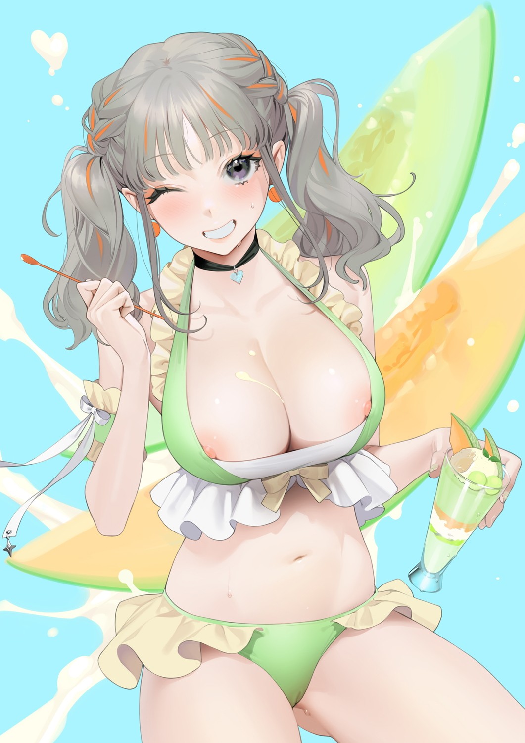 1girl arm_garter bangs bikini blush breasts choker comic_grape food frilled_bikini frills fruit_background green_bikini grey_eyes grin heart heart_choker highres ice_cream large_breasts long_hair looking_at_viewer multicolored_hair muskmelon navel nipple_slip nipples ohisashiburi one_eye_closed original silver_hair smile solo spoon sundae swimsuit twintails two-tone_hair