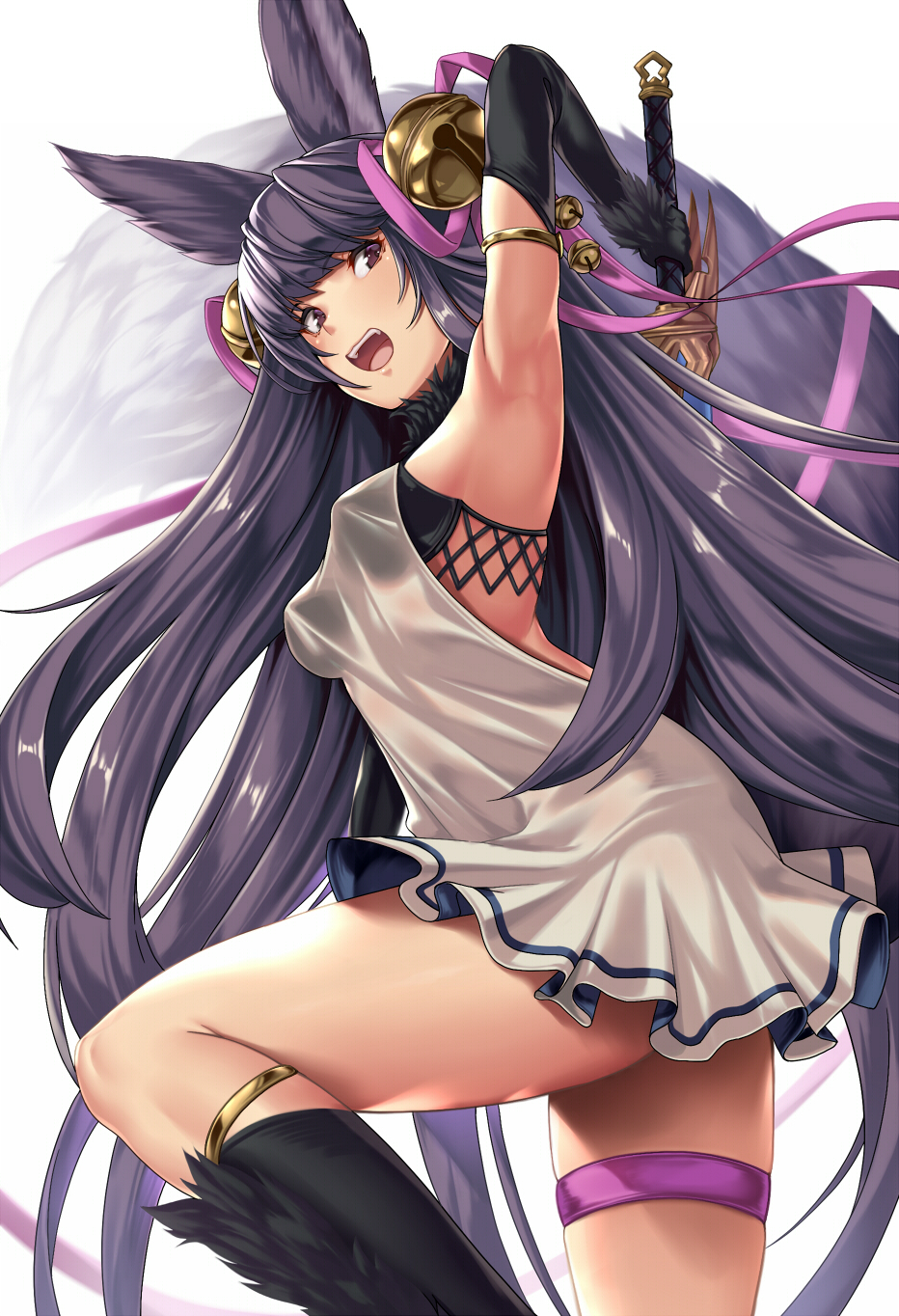 1girl animal_ears bangs bare_shoulders bell black_hair blue_sky blush breasts dress erune fox_ears fox_tail granblue_fantasy hair_bell hair_ornament highres jingle_bell large_breasts long_hair looking_at_viewer open_mouth purple_eyes short_dress sky smile sword tail takanashi-a thighs very_long_hair weapon white_dress yuel_(granblue_fantasy)