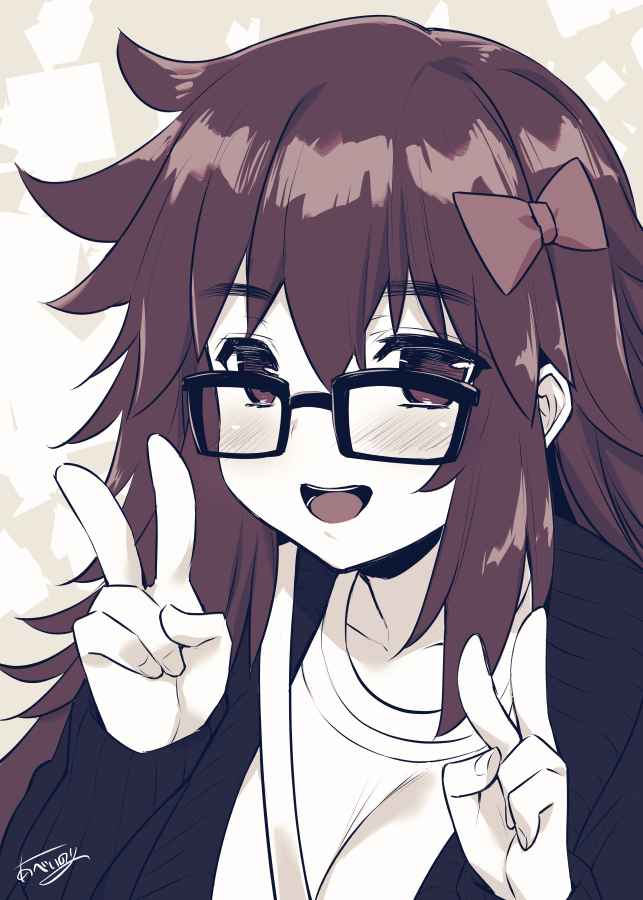 1girl :d abe_inori bangs black-framed_eyewear blush bow brown_eyes collarbone commentary_request double_v eyebrows_visible_through_hair fate_(series) glasses hair_bow hands_up jinako_carigiri long_hair long_sleeves looking_at_viewer monochrome open_mouth ribbed_sweater shirt signature smile solo sweater v