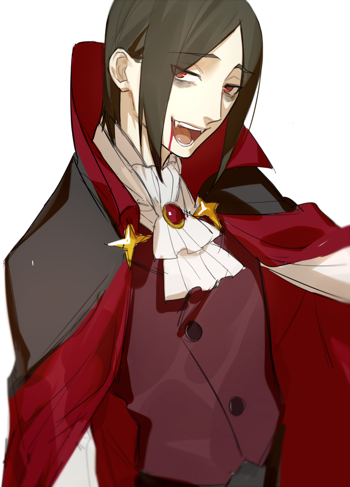 1boy alternate_costume bangs blood blood_from_mouth cape collared_jacket cravat european_clothes fang fate/grand_order fate_(series) green_hair high_collar long_sleeves looking_at_viewer male_focus ne_dzumi parted_bangs phantom_of_the_opera_(fate/grand_order) red_cape red_eyes solo vampire_costume white_neckwear