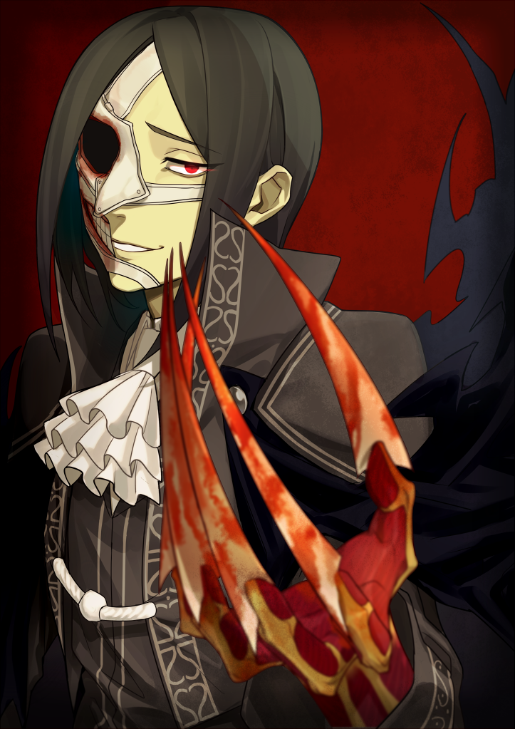 1boy bangs blood bloody_weapon claws collared_jacket cravat european_clothes fate/grand_order fate_(series) green_hair half_mask high_collar long_sleeves looking_at_viewer male_focus ne_dzumi parted_bangs phantom_of_the_opera_(fate/grand_order) red_eyes solo upper_body weapon white_neckwear