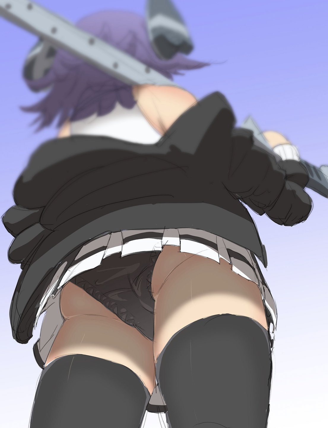 1girl ass ass_focus black_jacket black_legwear black_panties black_skirt blurry blurry_background commentary_request depth_of_field facing_away from_behind from_below gloves headgear highres holding holding_weapon jacket kantai_collection namakura_neo panties pantyshot partially_fingerless_gloves pleated_skirt purple_hair remodel_(kantai_collection) shirt short_hair skirt sleeveless solo sword tenryuu_(kantai_collection) thick_thighs thighhighs thighs underwear upskirt weapon white_shirt