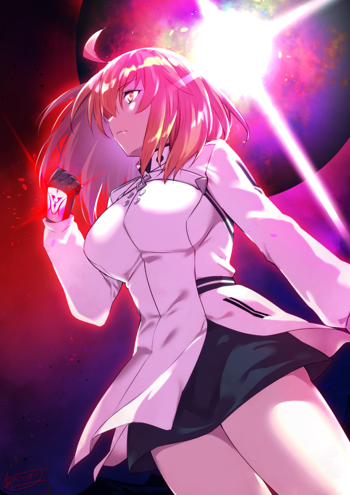 1girl abe_inori ahoge bangs black_skirt breasts chaldea_uniform closed_mouth command_spell commentary_request cowboy_shot dutch_angle fate/grand_order fate_(series) fujimaru_ritsuka_(female) glowing hand_up jacket large_breasts lens_flare long_sleeves medium_hair miniskirt moon one_side_up orange_eyes orange_hair red_theme shiny shiny_hair short_hair signature skirt solo sparkle standing thighs white_jacket