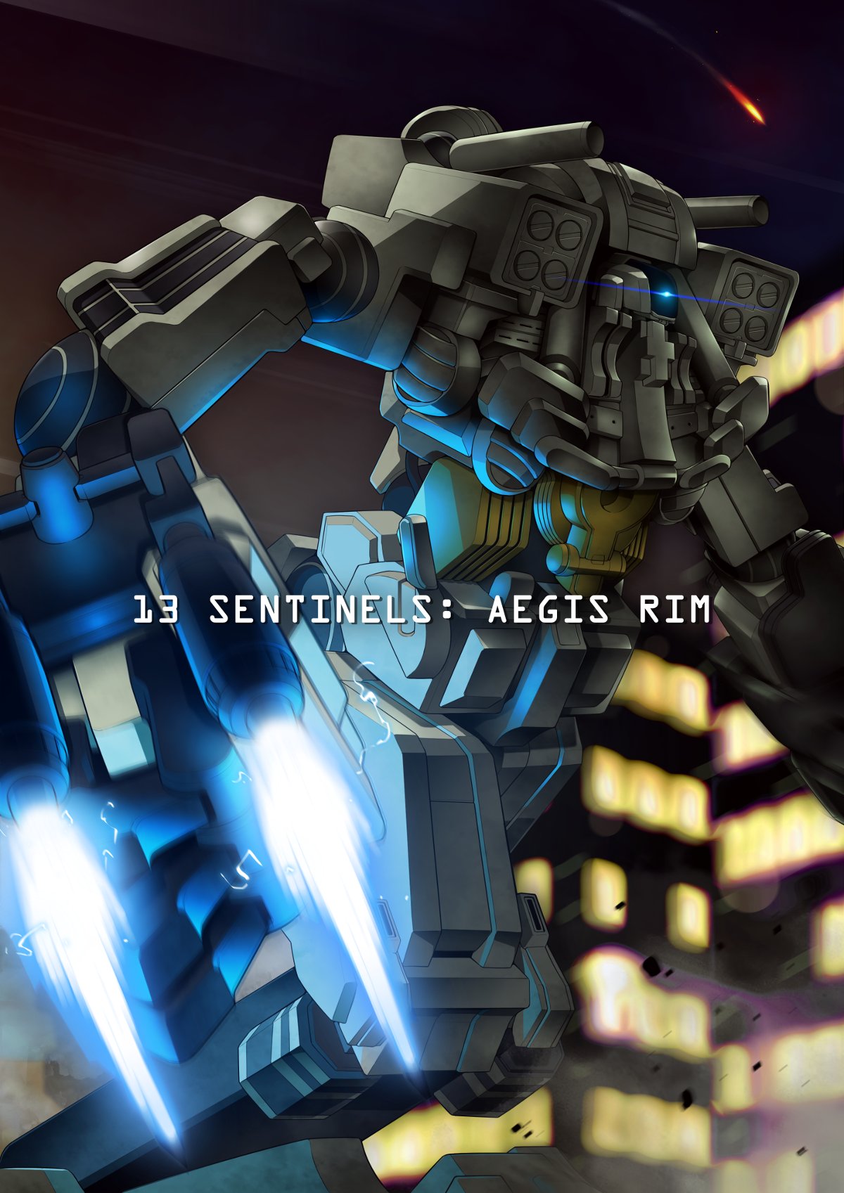 city copyright_name firing gamiani_zero glowing glowing_eye gun highres holding holding_gun holding_weapon juusan_kihei_bouei_ken mecha missile_pod no_humans one-eyed running science_fiction shoulder_cannon solo weapon