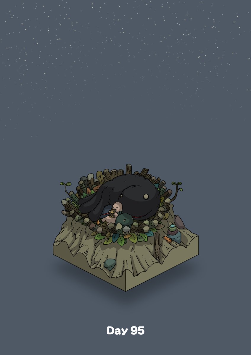 black_feathers commentary_request creature diorama gozz grey_background highres holding holding_stuffed_toy isometric log nest night night_sky original sky sleeping star_(sky) starry_sky stuffed_animal stuffed_toy teddy_bear