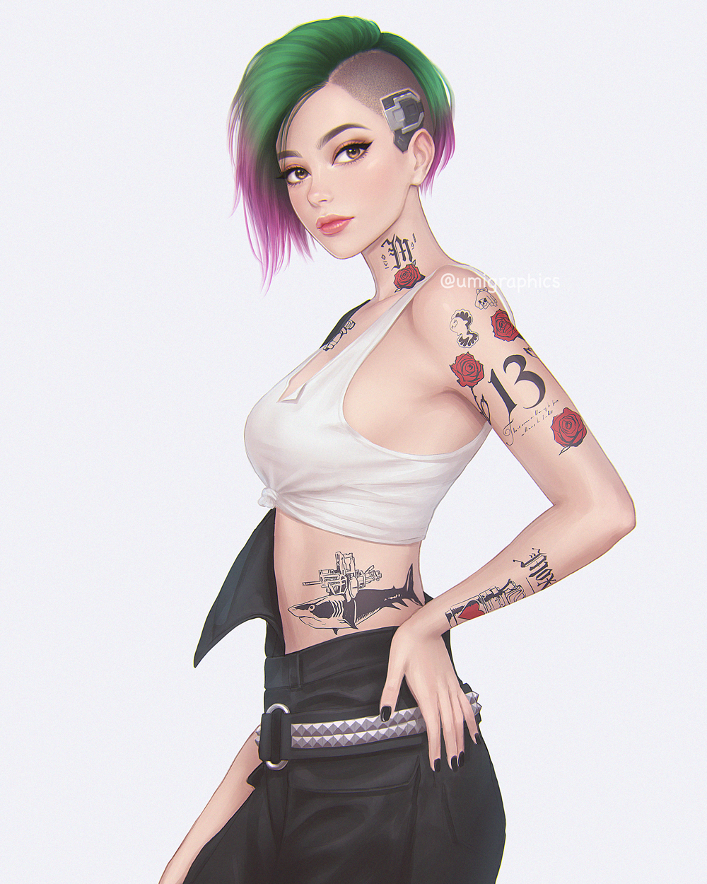 1girl arm_tattoo breasts brown_eyes cyberpunk_2077 front-tie_top green_hair hand_on_hip highres judy_alvarez lips looking_at_viewer medium_breasts multicolored_hair nail_polish neck_tattoo pink_hair profile short_hair shoulder_tattoo solo tank_top tattoo two-tone_hair umigraphics white_background