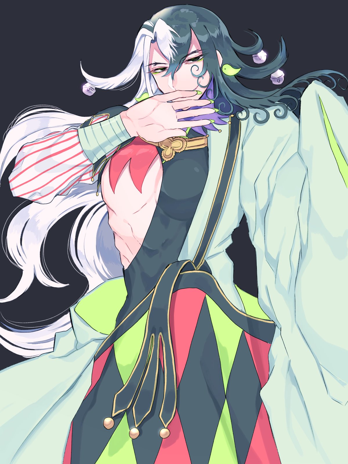 1boy abs ashiya_douman_(fate) asymmetrical_clothes asymmetrical_hair bell black_eyes black_hair cowboy_shot curly_hair earrings fate/grand_order fate_(series) fingernails green_eyeshadow green_kimono green_lipstick green_nails hair_bell hair_between_eyes hair_intakes hair_ornament highres japanese_clothes jewelry kimono lipstick long_hair looking_at_viewer magatama magatama_earrings makeup male_focus multicolored_hair neomero_(pixiv61398076) open_clothes open_hand open_kimono pectorals ribbed_sleeves sharp_fingernails skin_tight solo toned toned_male two-tone_hair very_long_fingernails very_long_hair white_hair