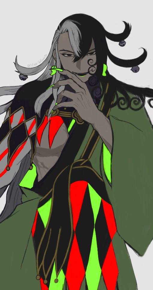 1boy ashiya_douman_(fate) asymmetrical_clothes asymmetrical_hair bell black_eyes black_hair cowboy_shot curly_hair earrings fate/grand_order fate_(series) fingernails green_eyeshadow green_kimono green_lipstick green_nails hair_bell hair_between_eyes hair_intakes hair_ornament japanese_clothes jewelry kimono knee_up lipstick long_hair looking_at_viewer magatama magatama_earrings makeup male_focus multicolored_hair open_clothes open_kimono pectorals ribbed_sleeves sharp_fingernails smile solo toned toned_male tsubakinyao two-tone_hair very_long_fingernails very_long_hair white_hair