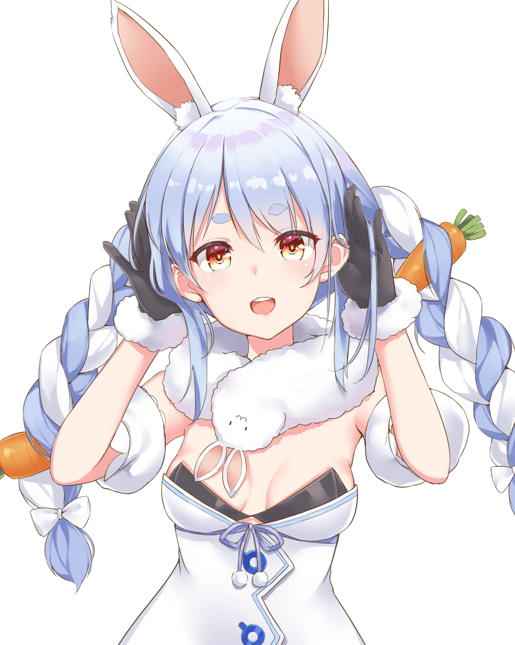 1girl :d animal_ear_fluff animal_ears bangs black_gloves blue_hair bow bra braid breasts bunny-shaped_pupils bunny_ears bunny_pose carrot_hair_ornament cleavage detached_sleeves don-chan_(usada_pekora) dress eyebrows_visible_through_hair food_themed_hair_ornament fur_trim gloves hair_between_eyes hair_bow hair_ornament hand_in_hair highres hololive long_hair looking_at_viewer multicolored_hair open_mouth orange_eyes puffy_short_sleeves puffy_sleeves shiunnkaku short_sleeves sidelocks silver_hair simple_background small_breasts smile solo thick_eyebrows twin_braids twintails two-tone_hair underwear upper_body upper_teeth usada_pekora virtual_youtuber white_background white_bow white_dress