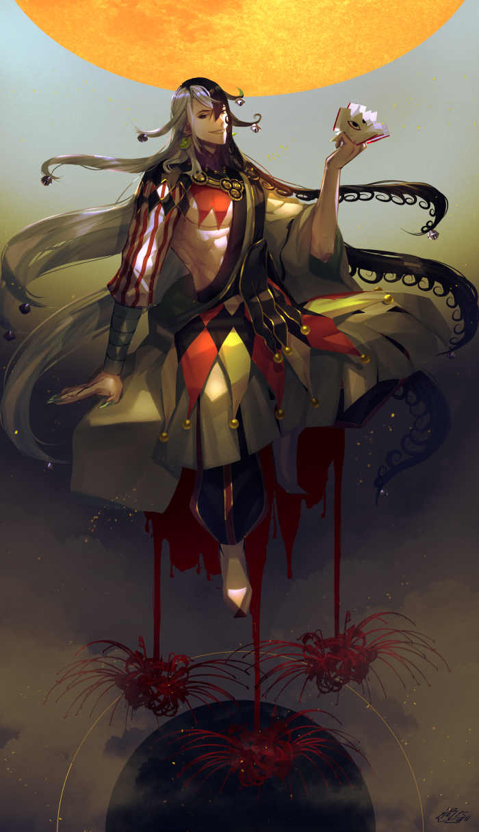 1boy ashiya_douman_(fate) asymmetrical_clothes asymmetrical_hair ayamatazu bell black_eyes black_hair curly_hair earrings fate/grand_order fate_(series) fingernails flower full_body green_eyeshadow green_kimono green_lipstick green_nails hair_bell hair_between_eyes hair_intakes hair_ornament hat highres holding japanese_clothes jester jewelry kimono lipstick long_hair magatama magatama_earrings makeup male_focus moon multicolored_hair open_clothes open_kimono pectorals red_flower ribbed_sleeves sharp_fingernails shikigami smile solo toned toned_male two-tone_hair very_long_fingernails very_long_hair white_hair