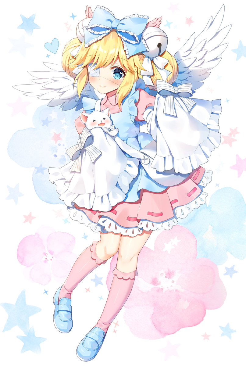1girl animal apron armor bell blonde_hair blue_apron blue_bow blue_eyes blue_footwear blush bow cat closed_mouth commentary_request commission cutesu_(cutesuu) double_bun dress eyepatch feathered_wings frilled_sleeves frills full_body hair_bell hair_bow hair_ornament heart highres jingle_bell kneehighs loafers long_sleeves looking_at_viewer mauve medical_eyepatch original pink_dress pink_lips pixiv_request pleated_dress puffy_short_sleeves puffy_sleeves ribbon-trimmed_dress shoes short_over_long_sleeves short_sleeves shoulder_armor sleeves_past_fingers sleeves_past_wrists smile solo star_(symbol) striped striped_bow white_bow white_cat white_wings wide_sleeves wings