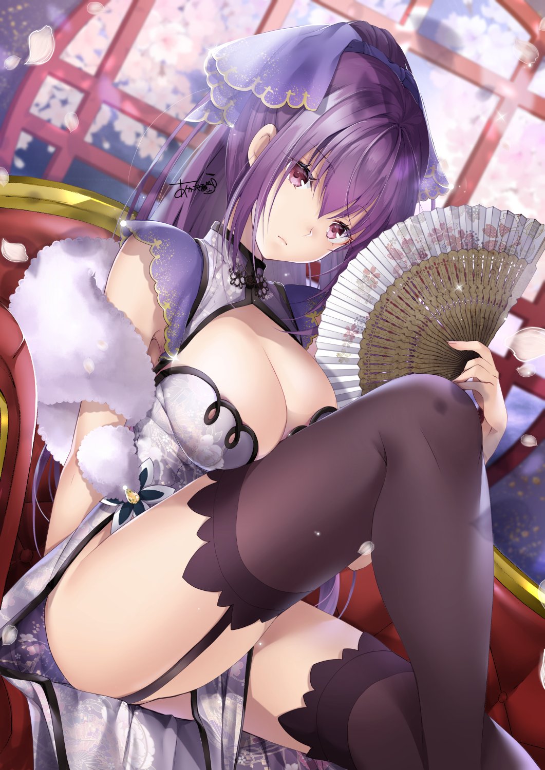 1girl akatsuki_hijiri alternate_costume breasts cherry_blossoms china_dress chinese_clothes cleavage commentary_request couch dress expressionless fan fate/grand_order fate_(series) feather_boa garter_straps highres large_breasts long_hair looking_at_viewer no_panties pelvic_curtain ponytail purple_eyes purple_hair purple_ribbon ribbon scathach_(fate)_(all) scathach_skadi_(fate/grand_order) signature sitting solo thighhighs