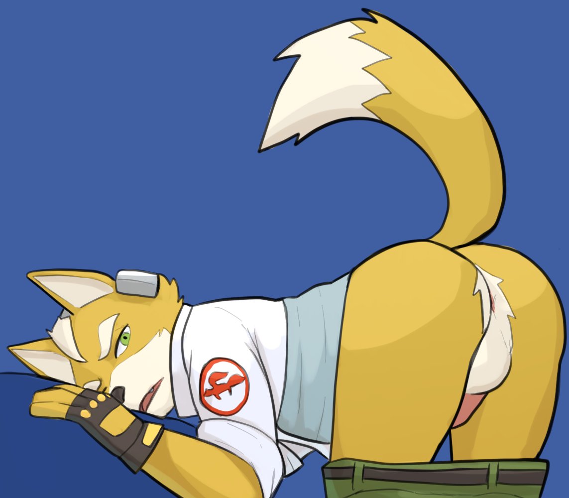 anthro anus backsack balls butt canid canine clothed clothing fingerless_gloves fox fox_mccloud genitals gloves handwear jrjresq male mammal nintendo pants_down partially_clothed presenting presenting_anus star_fox video_games