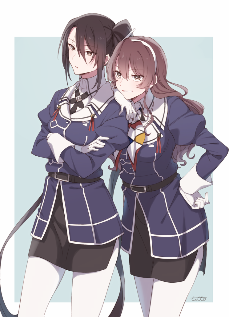 2girls artist_name ashigara_(kantai_collection) black_hair black_skirt brown_eyes brown_hair gloves hairband horned_headwear jacket juliet_sleeves kantai_collection long_hair long_sleeves military military_uniform multiple_girls nachi_(kantai_collection) pantyhose pencil_skirt puffy_sleeves purple_jacket side_ponytail signature skirt totto_(naka) uniform white_gloves white_hairband white_legwear