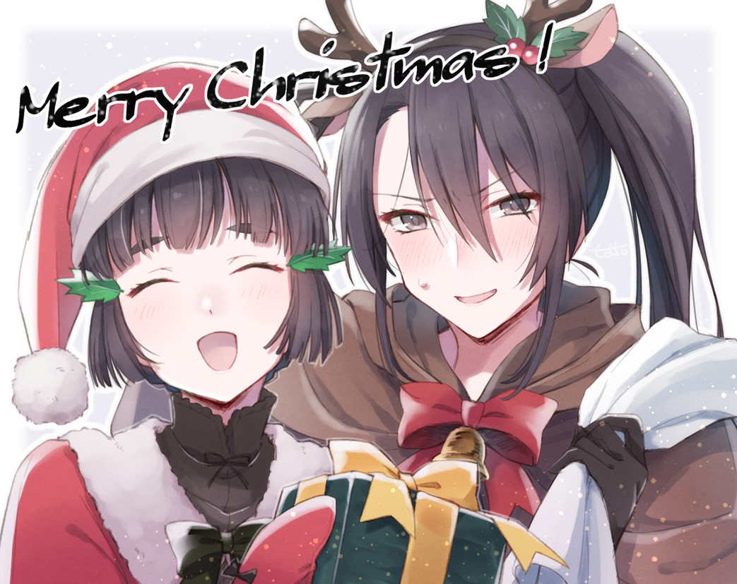 2girls ^_^ ^o^ animal_costume antlers bell black_eyes black_hair blush box brown_gloves christmas closed_eyes eyebrows_visible_through_hair gift gift_box gloves hair_between_eyes hat kantai_collection long_hair merry_christmas multiple_girls myoukou_(kantai_collection) nachi_(kantai_collection) open_mouth portrait red_ribbon reindeer_antlers reindeer_costume ribbon sack santa_costume santa_hat short_hair side_ponytail smile totto_(naka)