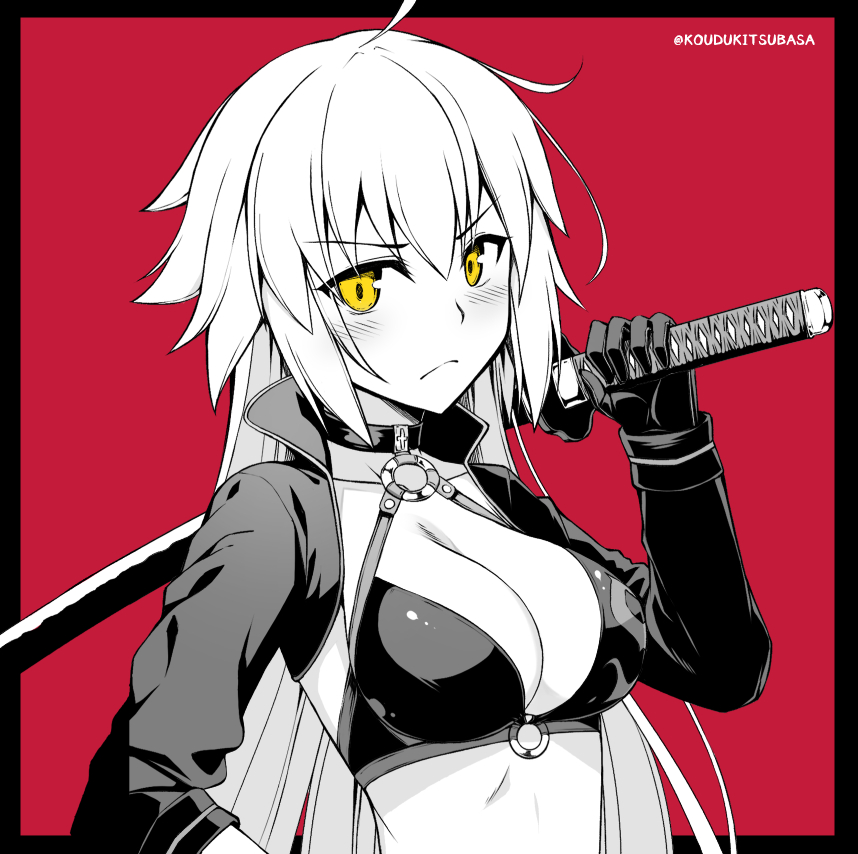 1girl benitsuki_tsubasa bikini bikini_top black_border blush border breasts closed_mouth eyebrows_visible_through_hair fate/grand_order fate_(series) gloves holding holding_sword holding_weapon jeanne_d'arc_(alter_swimsuit_berserker) jeanne_d'arc_(fate)_(all) katana long_hair looking_at_viewer medium_breasts monochrome o-ring o-ring_top red_background solo swimsuit sword twitter_username weapon yellow_eyes
