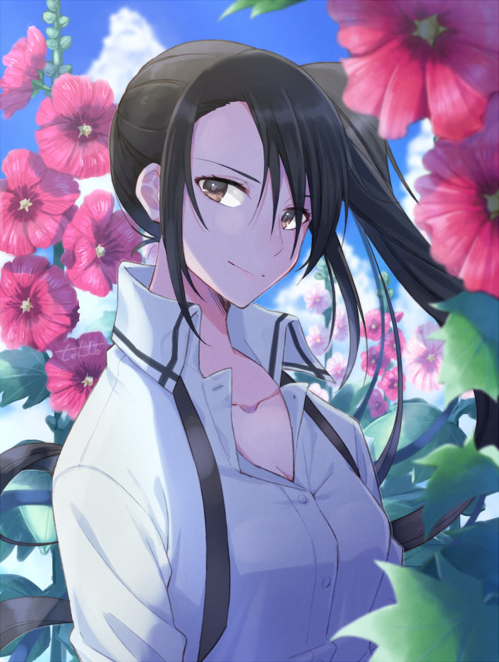 1girl alternate_costume black_hair brown_eyes closed_mouth collarbone collared_shirt day flower kantai_collection light_smile long_hair long_sleeves nachi_(kantai_collection) pink_flower shirt side_ponytail solo totto_(naka) upper_body white_shirt