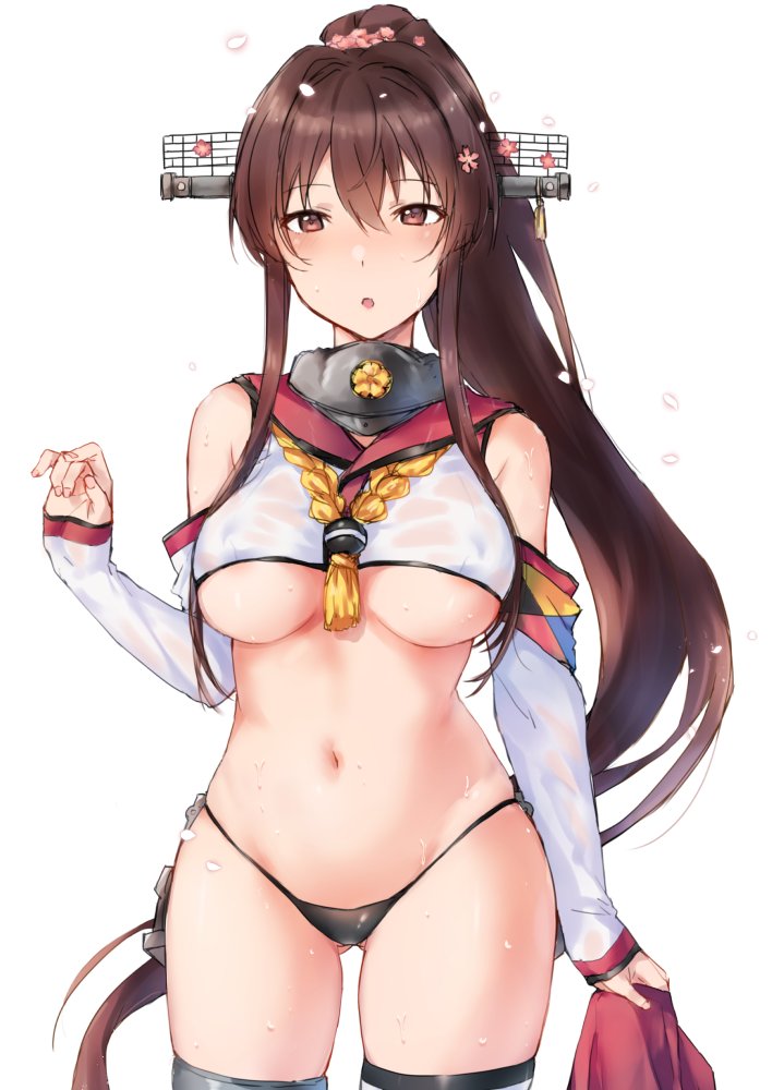 1girl :o adapted_costume areola_slip areolae bangs blush breasts brown_eyes brown_hair crop_top detached_sleeves eyebrows_visible_through_hair flower hair_between_eyes hair_flower hair_ornament headgear highleg highleg_panties holding kansho_(stm_735) kantai_collection large_breasts long_hair long_sleeves midriff navel open_mouth panties petals ponytail see-through sidelocks simple_background solo tassel thighhighs underboob underwear white_background white_legwear yamato_(kantai_collection)